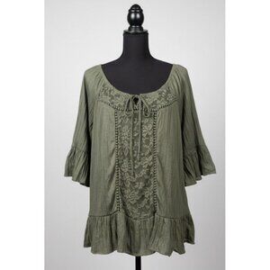 Olive Green Crochet Lace Panel Boho Top – Ruffle Flare Sleeves XL